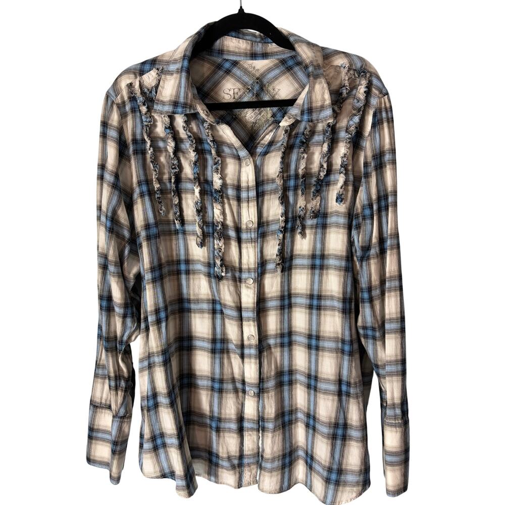Seven7 Women Blue Plaid Western Pearl Snap‎ Shirt Fringe Distressed 100% Cotton
